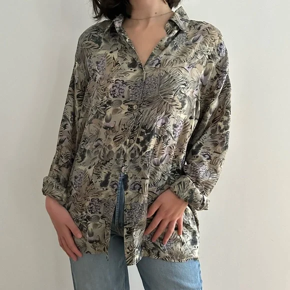 VINTAGE EVIDENCE 100% SILK PATTERNED  BLOUSE - M - Picture 6 of 16